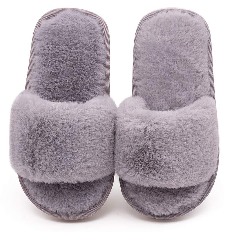techcity Boys Girls Fuzzy House Slippers Cute Comfy Faux Fur Slip On Fluffy Plush Open Toe Home Slides for Kids Indoor Outdoor Warm Shoes (Grey, numeric_13_point_5) - Image 4